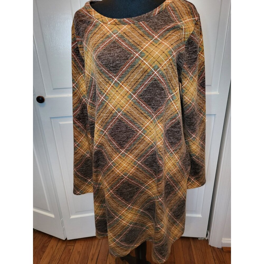 Orange/Brown Plaid Knit Swing Shift Dress Versona L Pockets Fall Travel Comfy